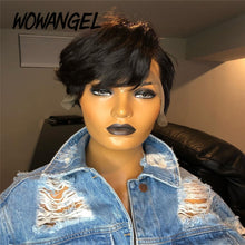 Load image into Gallery viewer, Remy Brazilian PrePlucked Hairline Bleached Knot Wavy Natural Black Color Pixie Cut Lace Front Human Hair Wigs 150% Density
