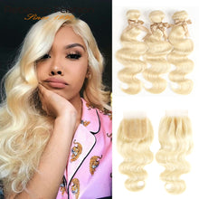 Load image into Gallery viewer, Blonde Bundles With Closure Brazilian Body Wave Remy Human Hair Weave Bundles
