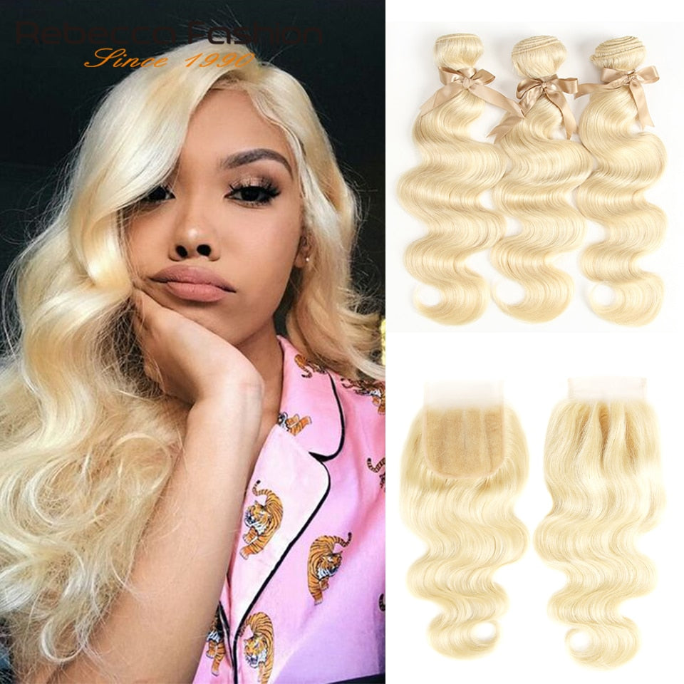 Blonde Bundles With Closure Brazilian Body Wave Remy Human Hair Weave Bundles