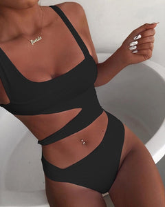 Spaghetti Strap Solid Cutout One Piece Swimsuit
