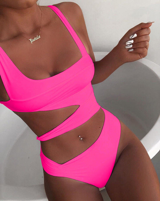 Spaghetti Strap Solid Cutout One Piece Swimsuit
