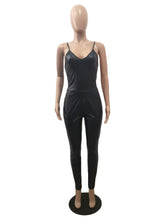 Load image into Gallery viewer, Solid Black Backless Strapless V-Neck Leather Bodycon Jumpsuit
