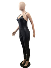 Load image into Gallery viewer, Solid Black Backless Strapless V-Neck Leather Bodycon Jumpsuit
