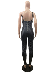 Solid Black Backless Strapless V-Neck Leather Bodycon Jumpsuit