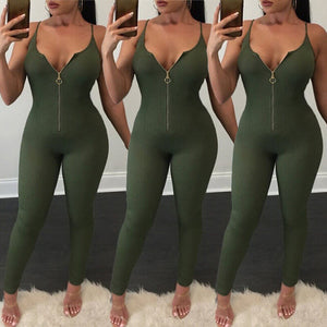 Deep V Neck Sleeveless Solid Bodycon Jumpsuits