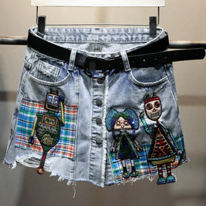 Patchwork Denim Jean Shorts Skirt