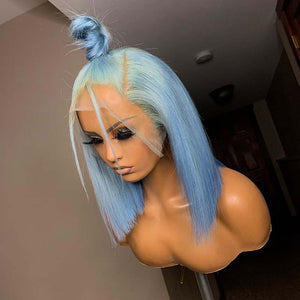 Ombre Blue Lace Front 150% Density Silky Straight Human Hair Pre Plucked Hairline Bob Wigs with Baby Hair 150% Density