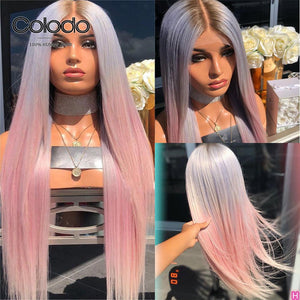 Brazilian Remy Purple Pink Ombre Pre Plucked Straight Lace Front Human Hair Wigs