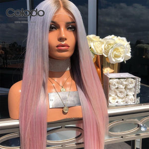 Brazilian Remy Purple Pink Ombre Pre Plucked Straight Lace Front Human Hair Wigs