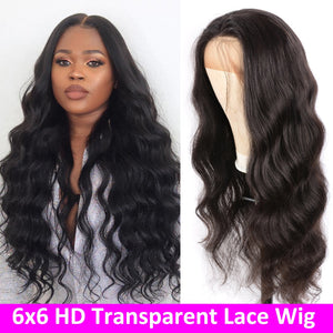 Brazilian Remy Pre Plucked 150% Density Transparent Lace Frontal 6x6 Body Wave Lace Closure Wig 13x6 Brazilian Lace Front Human Hair Wigs