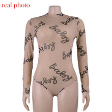 Load image into Gallery viewer, Transparent Letter Print Mesh Bodycon Bodysuit
