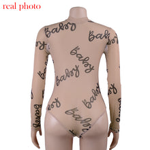 Load image into Gallery viewer, Transparent Letter Print Mesh Bodycon Bodysuit

