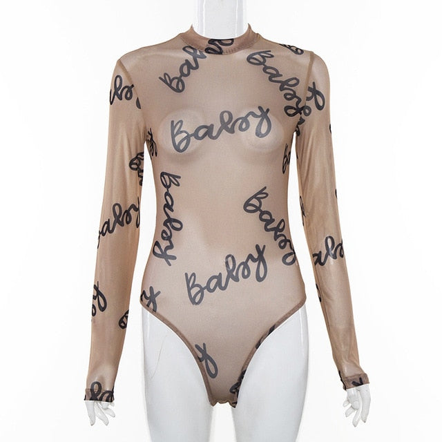 Transparent Letter Print Mesh Bodycon Bodysuit