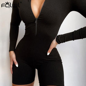 Zipper Ribbed Knitted Long Sleeve Bodycon Short Romper