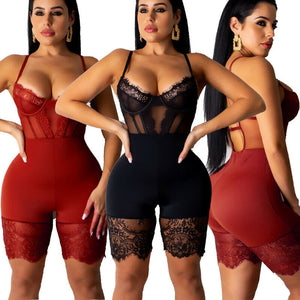 Backless Bandage Solid Lace Sleeveless Romper