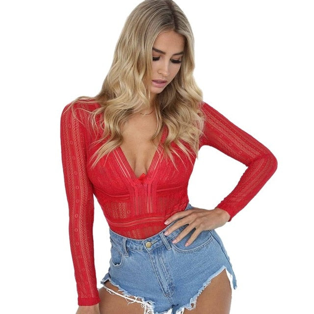 Deep V Neck Lace Mesh Bodysuit