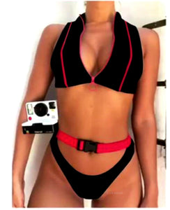 Buckle & Zipper Thong Bikini Sets