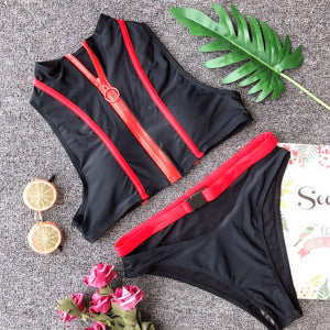 Buckle & Zipper Thong Bikini Sets