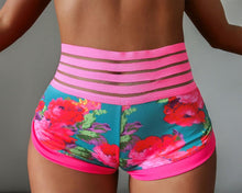 Load image into Gallery viewer, Floral Print Striped Waistband Shorts w/ Ruffled Back Pockets
