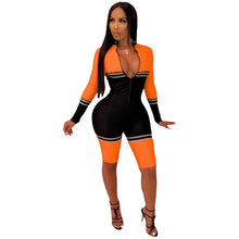 Load image into Gallery viewer, Striped &amp; Spliced Deep V Neck Long Sleeve Color Block Romper
