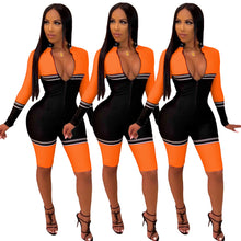 Load image into Gallery viewer, Striped &amp; Spliced Deep V Neck Long Sleeve Color Block Romper
