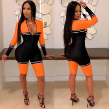 Load image into Gallery viewer, Striped &amp; Spliced Deep V Neck Long Sleeve Color Block Romper
