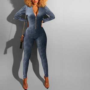 Striped Zip Up Bodycon Jumpsuit