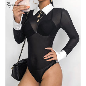 Transparent Long Sleeve Turn-Down Collar Hollow Out Bodysuit