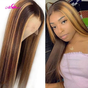 Ombre Remy Highlight Colored Pre Plucked Lace Front Human Hair Frontal Wigs