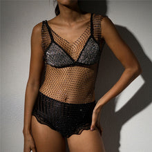 Load image into Gallery viewer, Sparkly Crystal Fishnet Mesh Transparent Bodysuit
