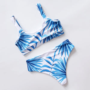 White Tropical Palm Leaf Scoop Neck High Waist Bikini