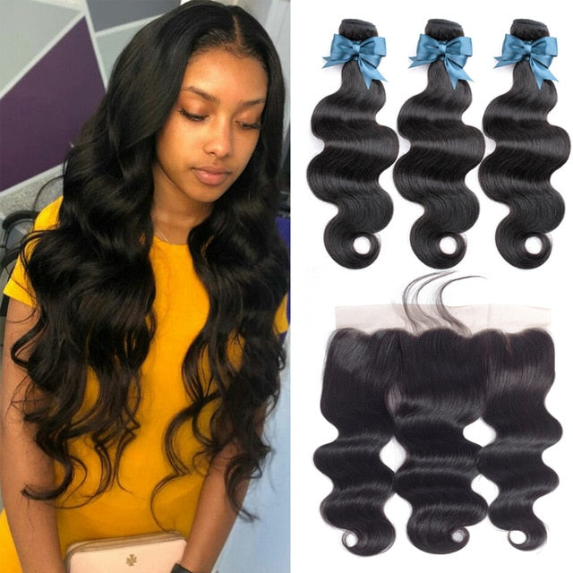 Brazilian Remy Hair Weave Body Wave 3 Bundles With 30 inch Human Hair With Frontal Closure