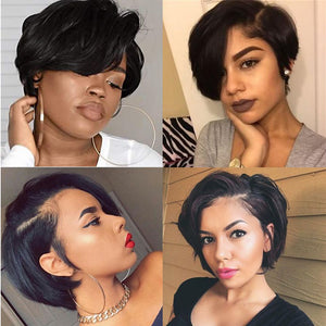 Remy Brazilian PrePlucked Hairline Bleached Knot Wavy Natural Black Color Pixie Cut Lace Front Human Hair Wigs 150% Density