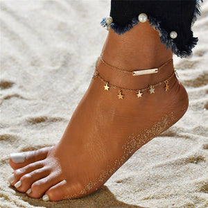 Gold Color Crystal Bead Star Anklets  (3 piece set)