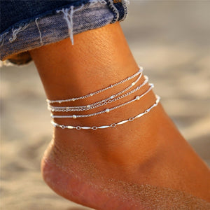 Multilayer Crystal Pearl Anklets Set Colorful Stone Shell Chain Anklets