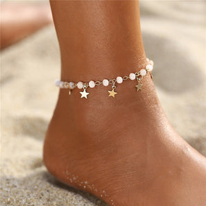 Multilayer Crystal Pearl Anklets Set Colorful Stone Shell Chain Anklets