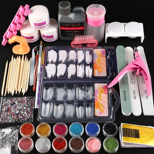 Pro Acrylic Set Full Manicure Kit Acrylic Powder Glitter 120ml Liquid For Nail Art Kit Crystal Brush Tips Tools Kit For Manicure