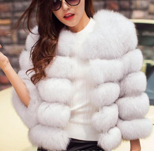 Faux Fox Short 3/4 Sleeve Plush Thick Fur Coat