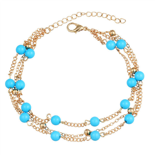 Blue Bead Gold & Silver Color Chain Anklets