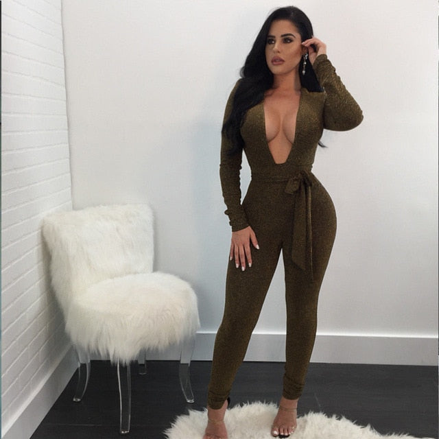 Deep V Neck Solid Bodycon Jumpsuit