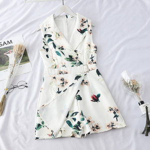 Sleeveless Floral Print Lapel Romper with Sashes