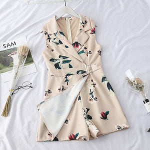 Sleeveless Floral Print Lapel Romper with Sashes