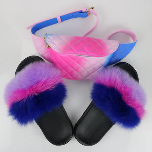 Purple Blue Pink Fur Sliders & Waist Bag